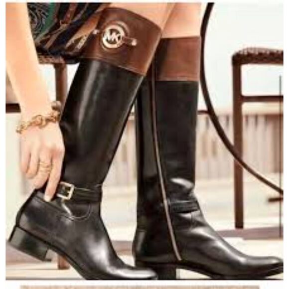 Michael Kors Bryce Gold Logo Black Leather Full Zip Tall Boots - Size 7 - Picture 1 of 6